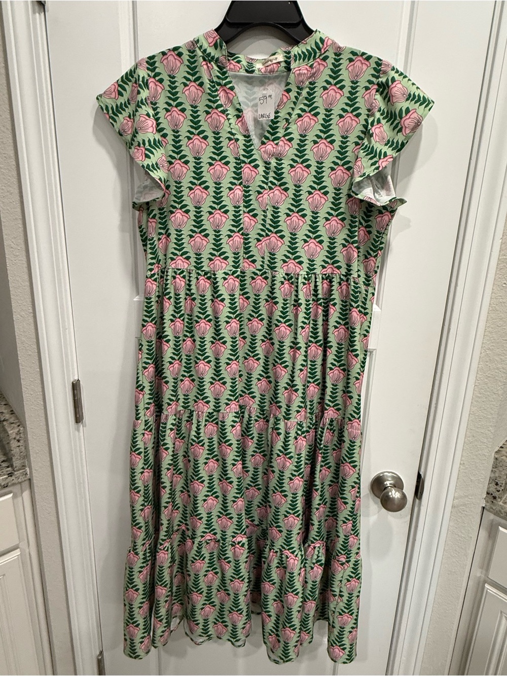 NWT Boutique Sunday Up Green Floral Print Flutter Sleeve Midi Dress